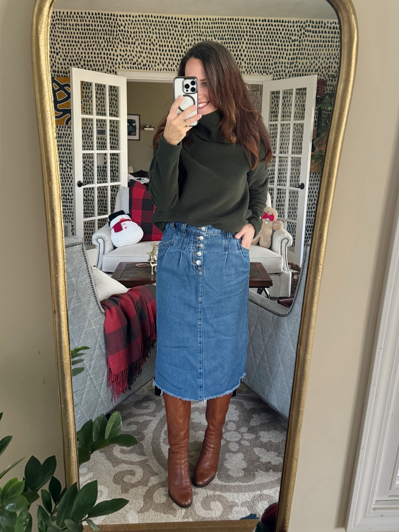 Cozy winter and holiday outfit today. Dudley Stevens fleece (ai sized up to a medium), Anthro skirt I bought last winter and have worn every season! My Born boots I’ve been wearing for a few years now are always a favorite 👢 I’m wearing fleece lined tights underneath 

#LTKHoliday #LTKover40 #LTKSeasonal