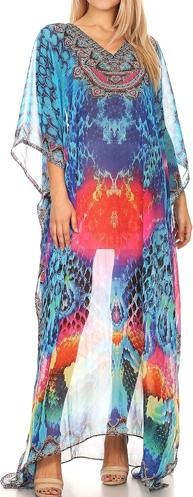 Sakkas Wilder Printed Design Long Sheer Rhinestone Caftan Dress/Cover Up | Amazon (US)