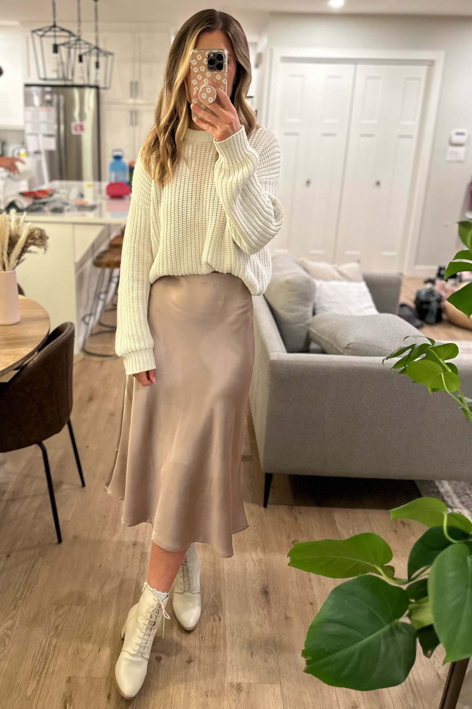Satin skirt with a chunky sweater and ankle boots 🥰. Boots are old from Poppy Barley!
