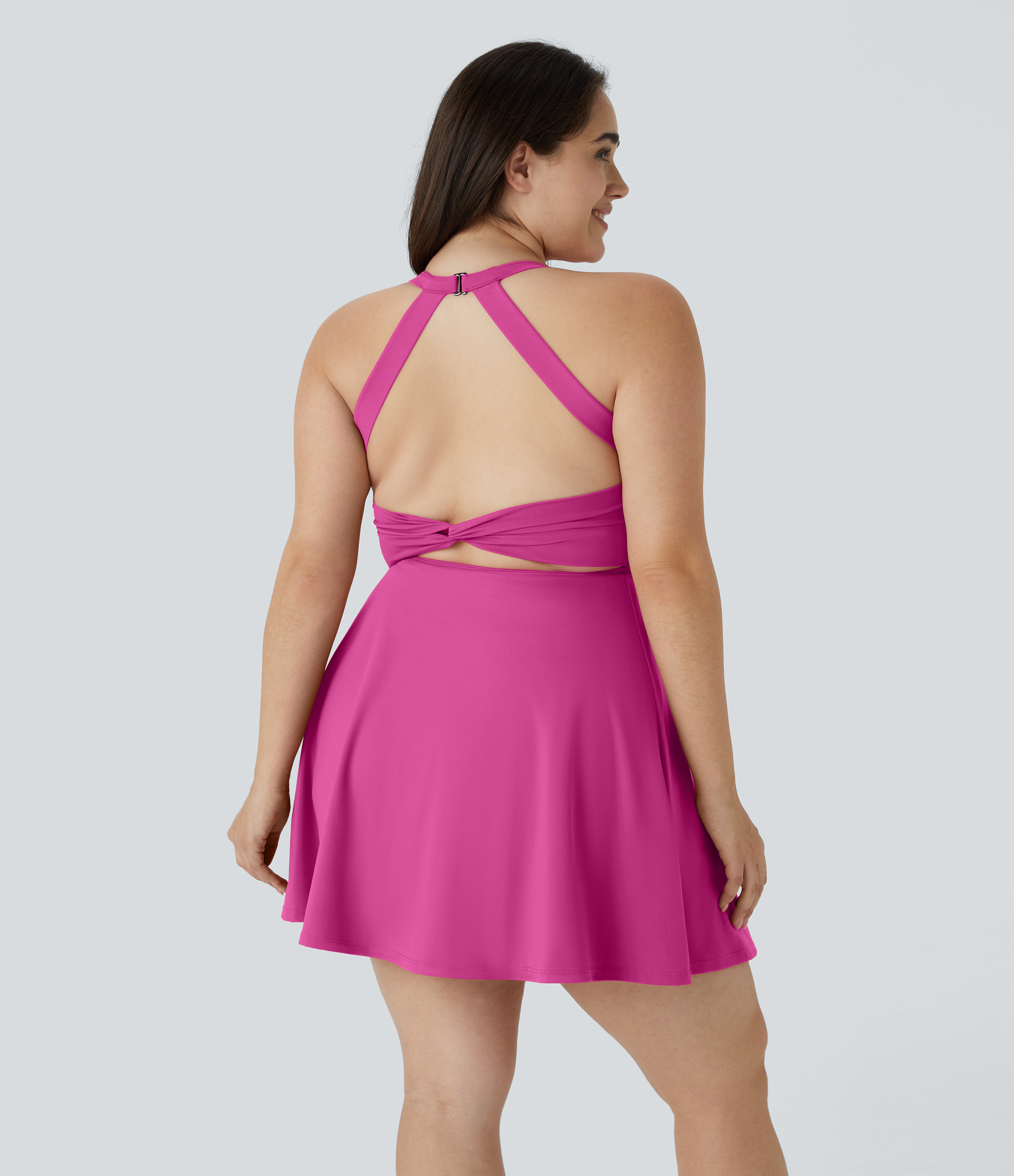 Halara Backless Cut Out Twisted Side Pocket 2-in-1 Exercise Plus Size Dress-Easy Peezy Casual Dress - Fuchsia Fedora - 1X slip dress | HALARA