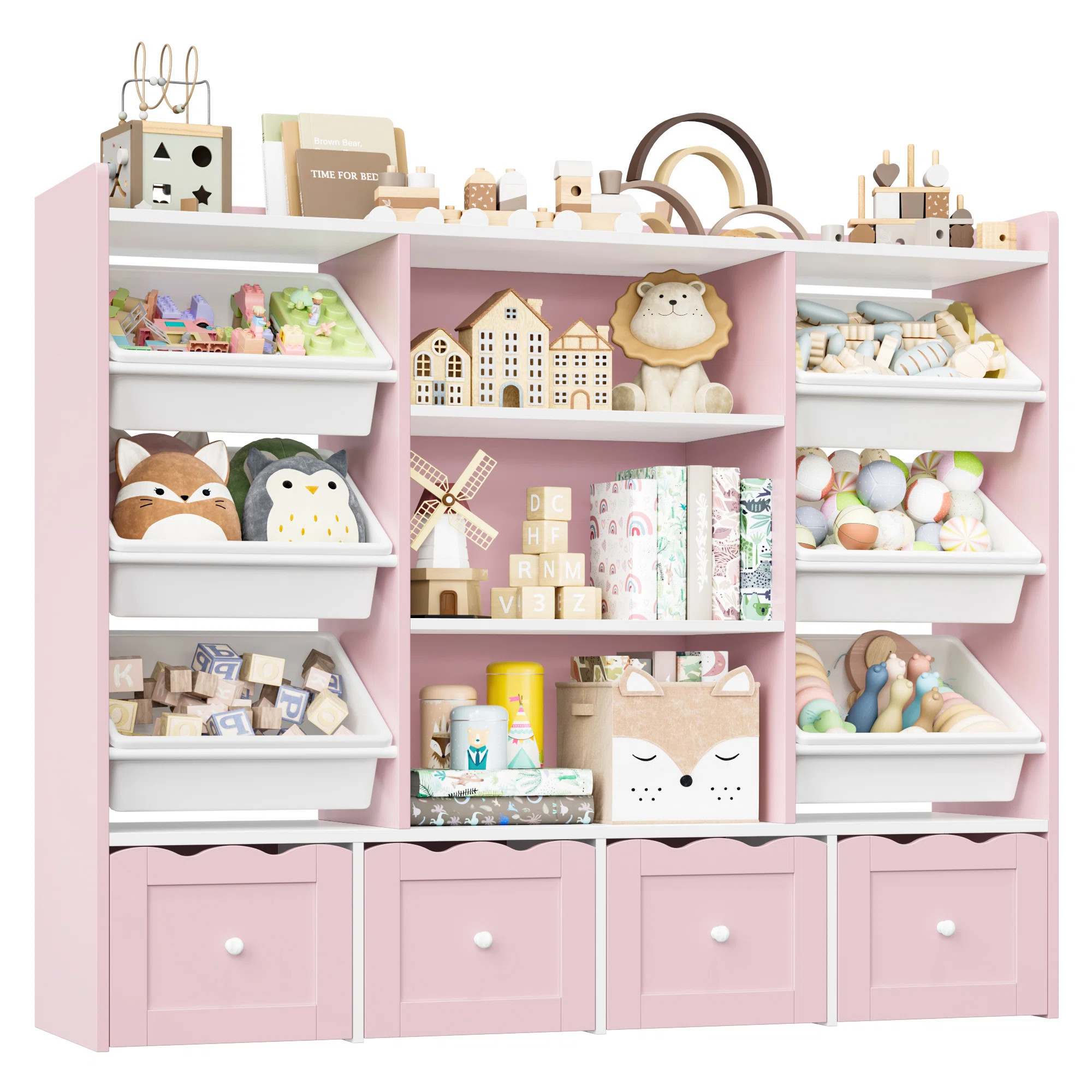 🧸 55"W x 48"H Multi-Functional Kids Organizer: 4-Drawer Toy Storage & Bookshelf with 6 Removab... | Wayfair North America