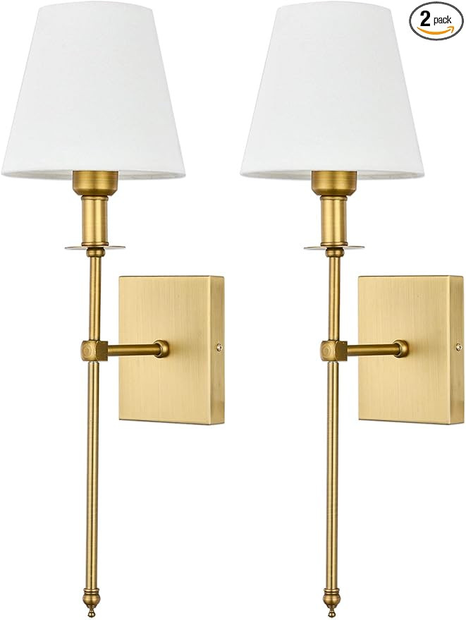Pauwer Slim Wall Sconces Set of 2 White Fabric Shade Hardwired Indoor Light Column Stand Bedroom ... | Amazon (US)