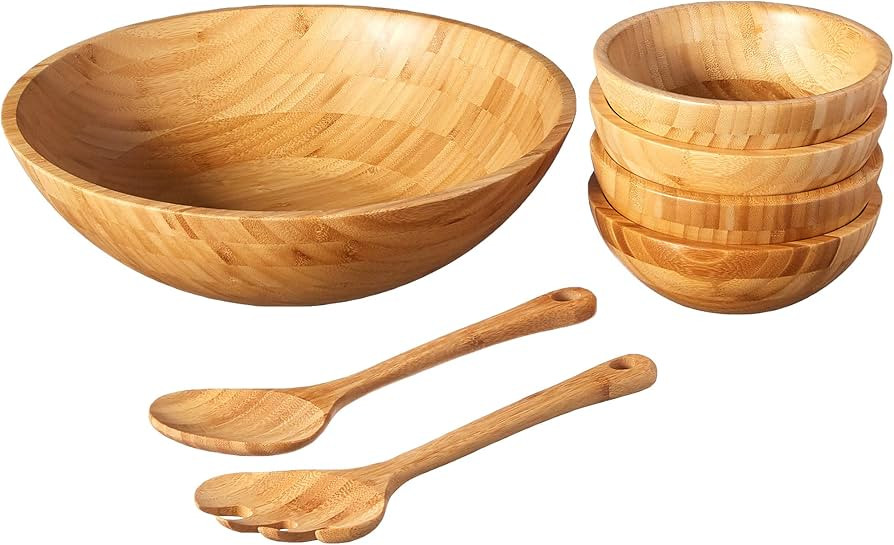 Lipper International Bamboo Wood Salad Bowls with Server Utensils, 7-Piece Set, Assorted Sizes | Amazon (US)