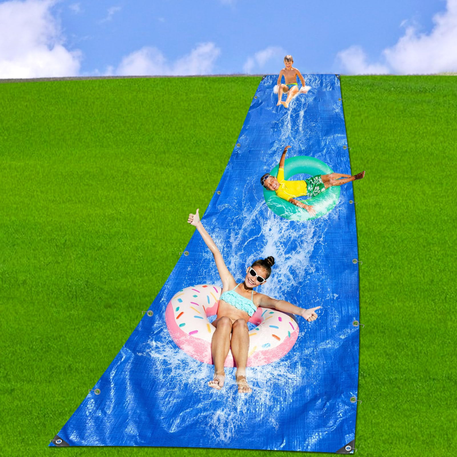 30 x 9.8 Ft Lawn Water Slide Extra Long Heavy Duty Water Slide Tarp with 24 Metal Stake and 5 Sel... | Amazon (US)