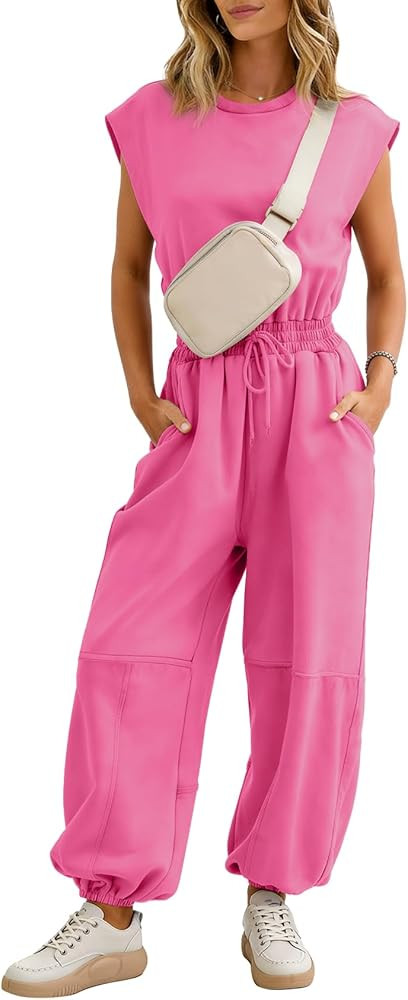Flygo Womens Casual Jumpsuit Crewneck Cap Sleeve Long Wide Leg Pants One Piece Outfits Drawstring... | Amazon (US)