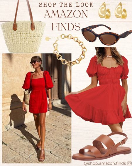 Pinterest Inspired Look!
This outfit is perfect for vacation, date night, or brunch with the girls. Red dress, brown sandals, woven tote, sunglasses and gold jewelry all from Amazon.

#LTKShoeCrush #LTKStyleTip #LTKItBag
