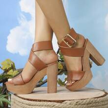 Women Buckle Decor Platform Chunky Heeled Ankle Strap Sandals Elegant Summer Heeled Sandals | SHEIN