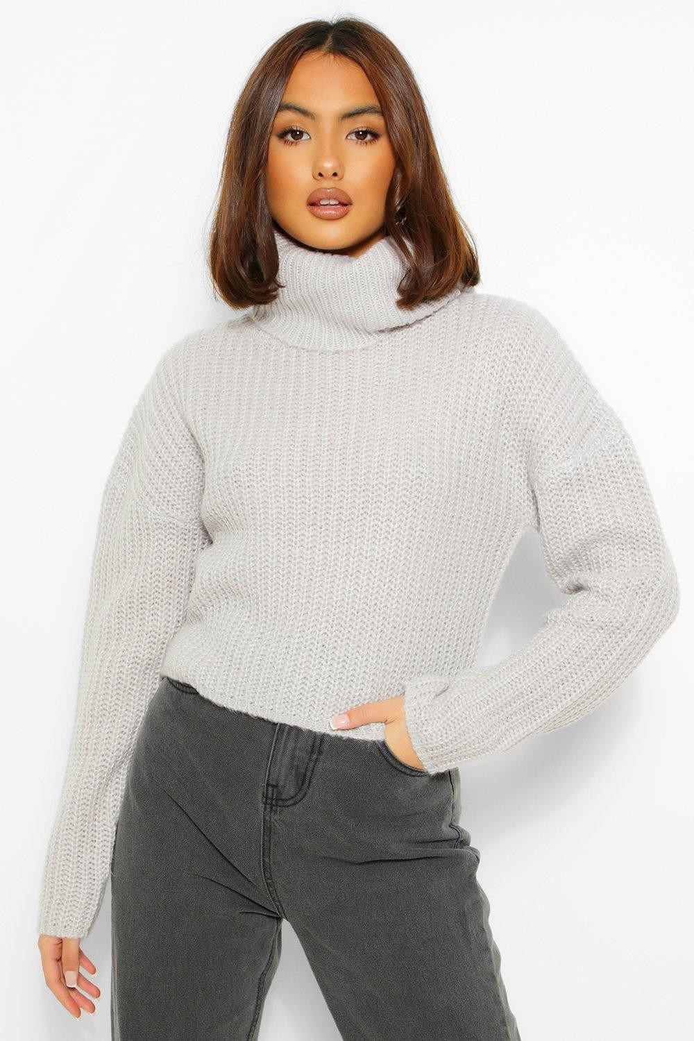 Womens Cropped Turtleneck Sweater - Grey - L | Boohoo.com (US & CA)