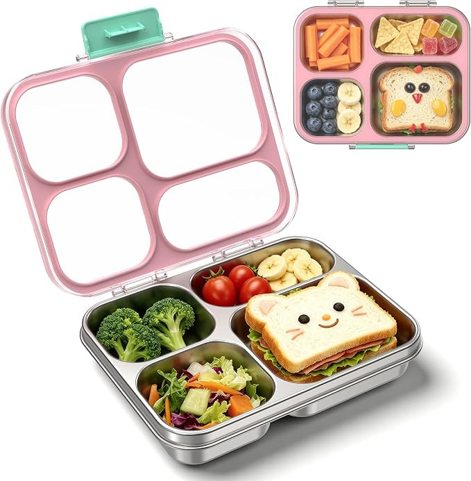 Stainless Steel Lunch Box for Kids, Leakproof 4 Compartment Kids Bento Lunch Box with Clear Lid, ... | Amazon (US)