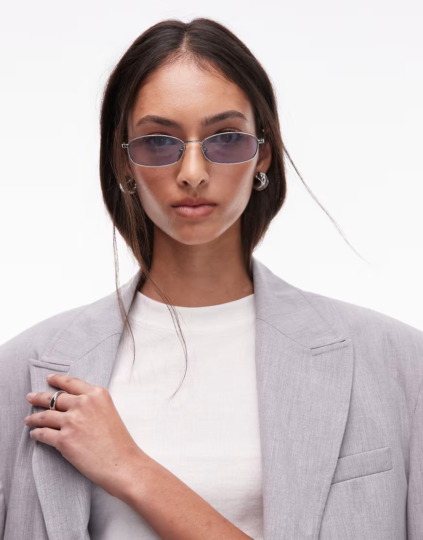 Jimmy Fairly The Vicky rectangular metal sunglasses in silver with blue lens | ASOS (Global)