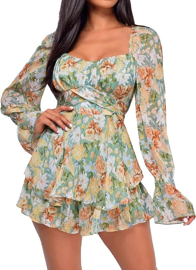 LYANER Women's Floral Print Off Shoulder Long Sleeve Ruffle Hem Romper Short Jumpsuit | Amazon (US)