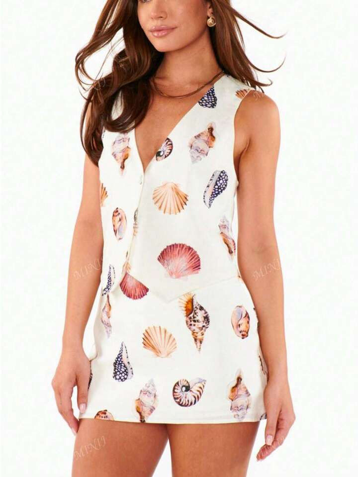 Women's 2pcs/Set Casual Summer Shell Print Camisole And Mini Skirt Set | SHEIN