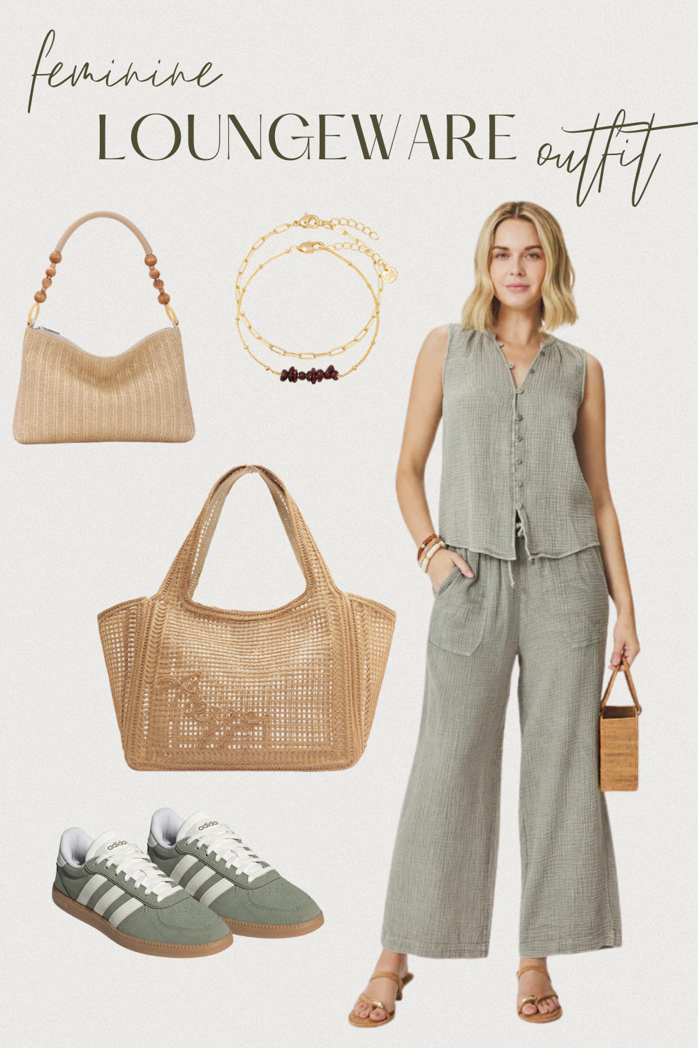An effortless feminine loungewear outfit that blends comfort with elevated everyday style. This soft neutral two-piece lounge set is lightweight, breathable, and perfect for days when you want to feel comfortable while still looking polished. The relaxed silhouette makes it ideal for running errands, casual coffee dates, travel days, or relaxed weekends.

Styled with classic Adidas sneakers, woven neutral bags, and delicate gold jewelry, this outfit creates the perfect balance between comfortable loungewear and chic casual fashion. The muted sage tone adds a soft feminine touch while keeping the look versatile and easy to style all season long.

If you love minimal neutral outfits, capsule wardrobe pieces, and comfortable everyday style, this feminine lounge set is an effortless go-to.

Perfect for:
• Feminine loungewear outfit ideas
• Neutral everyday outfits
• Elevated casual style inspiration
• Comfortable chic postpartum ideas
• Capsule wardrobe neutral pieces 

 #LTKootd #LTKmomlife #LTKMidsize