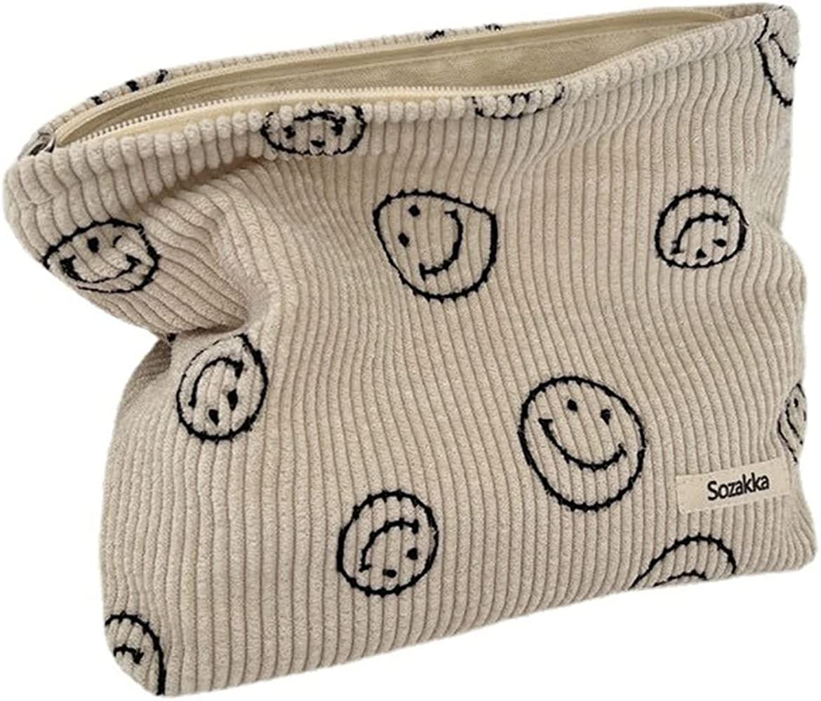 Cosmetic Bags for Women - Corduroy Cosmetic Bag Aesthetic Women Handbags Purses Smile Dots Makeup Or | Amazon (US)