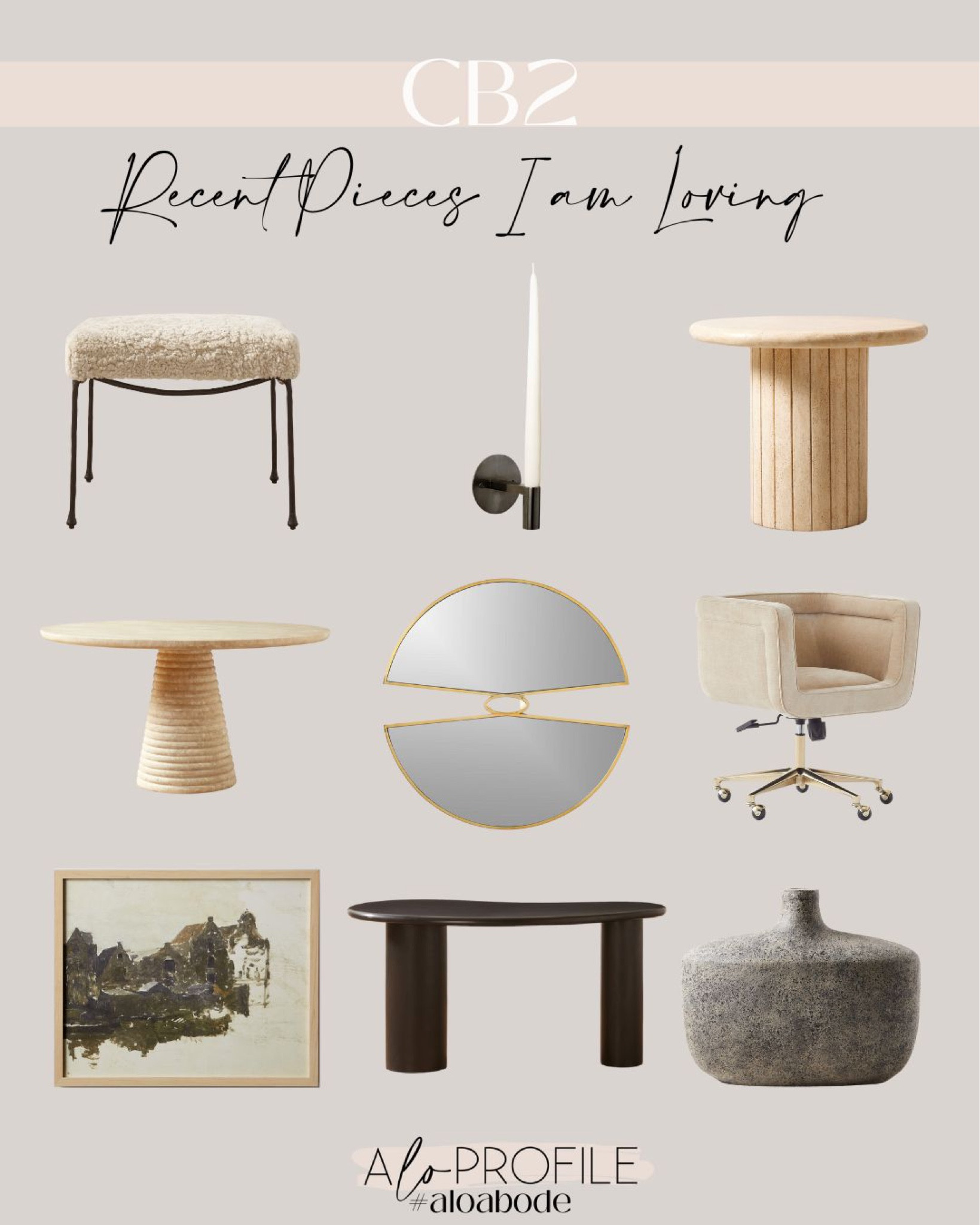 CB2 Finds // modern home decor, modern home accessories, boucle furniture, travertine furniture, brass mirror, wall sconces, candle sconces, stone vase, neutral paintings, earth toned art, modular desk, modern desk, modern office decor

#LTKhome