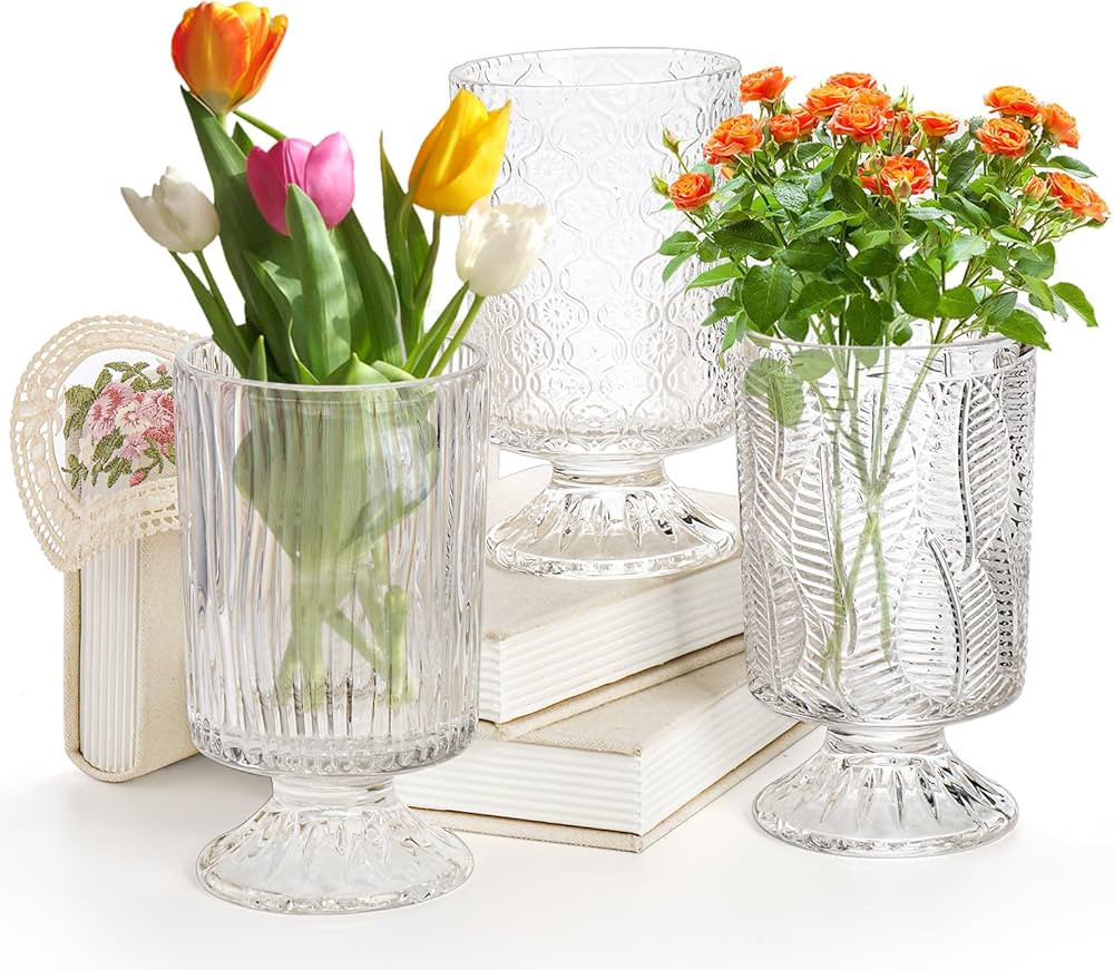 3 Pack Glass Vase, Embossed Big Base Vase, Vintage Clear Flower Vases, Decorative Hydroponic Plan... | Amazon (US)
