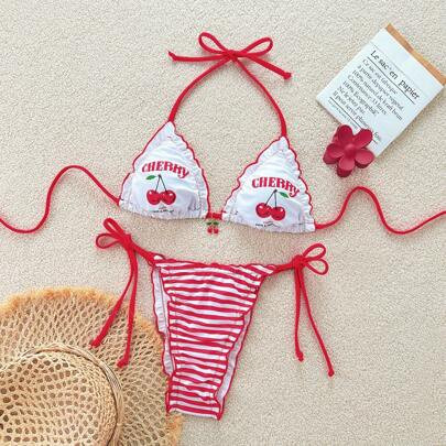 Women's Summer Cherry Print Triangle Halter Swimwear Top And Red & White Striped Bikini Bottom Cute And Sexy Bathing Suit Set | SHEIN