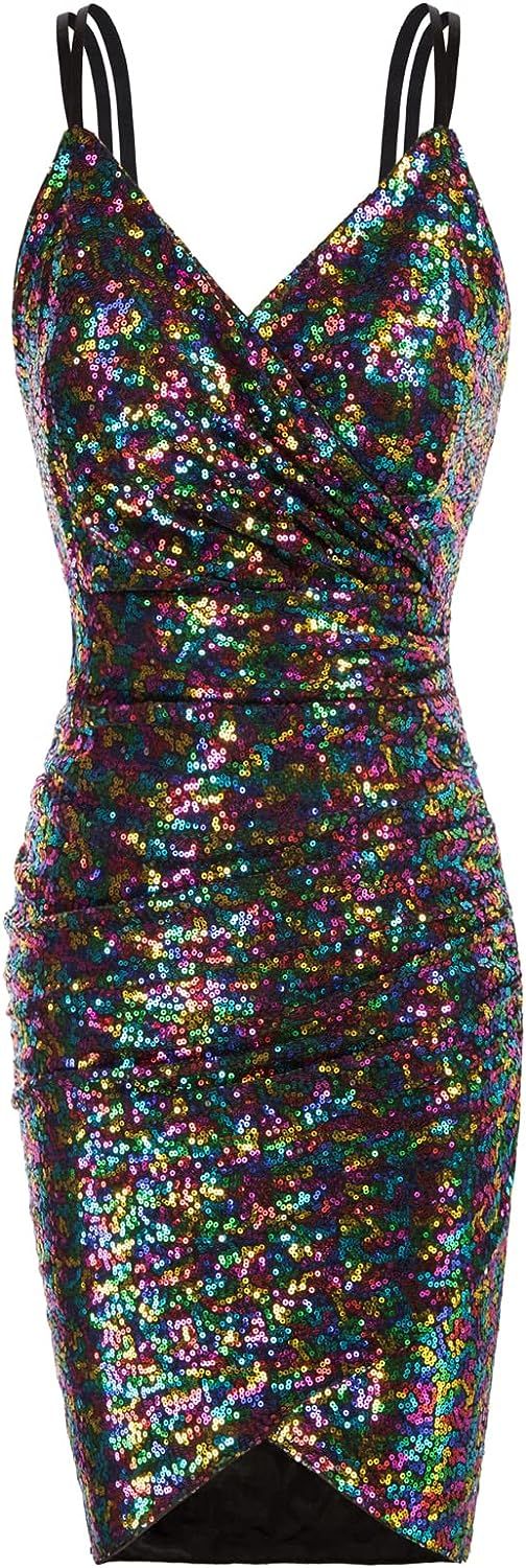 GRACE KARIN Women's Sexy Sequin Sparkly Glitter Ruched Party Club Dress Spaghetti Straps Wrap V-N... | Amazon (US)