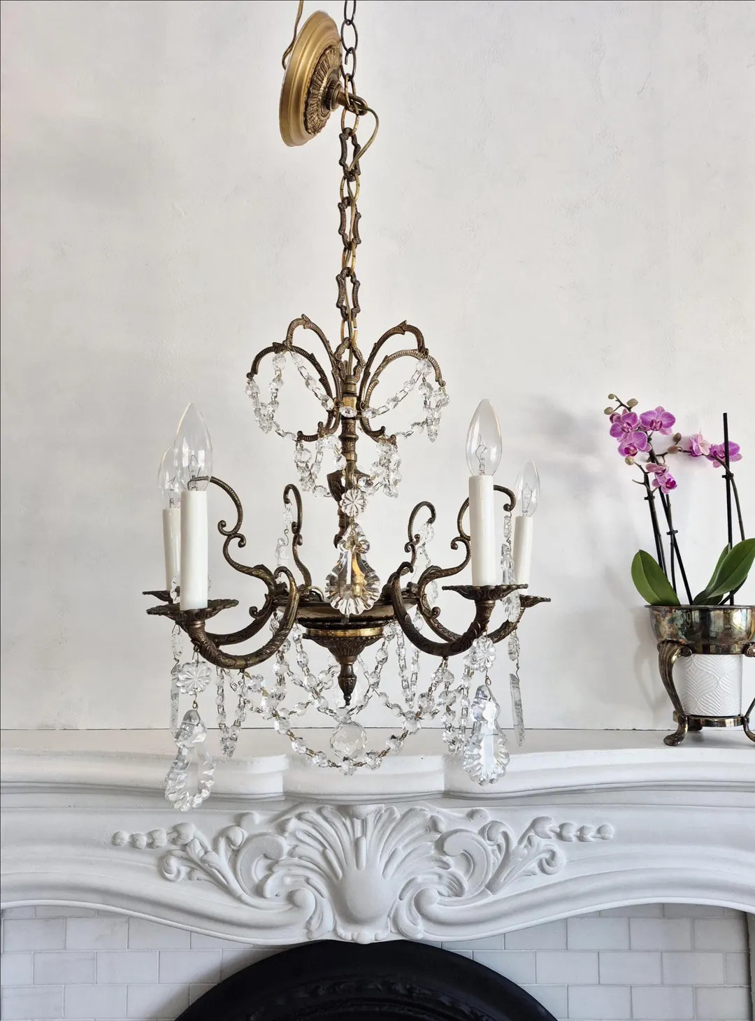 Vintage Brass & Crystal Chandelier, Antique Unlacquered Brass with Patina, French Empire Crown Li... | Etsy (US)