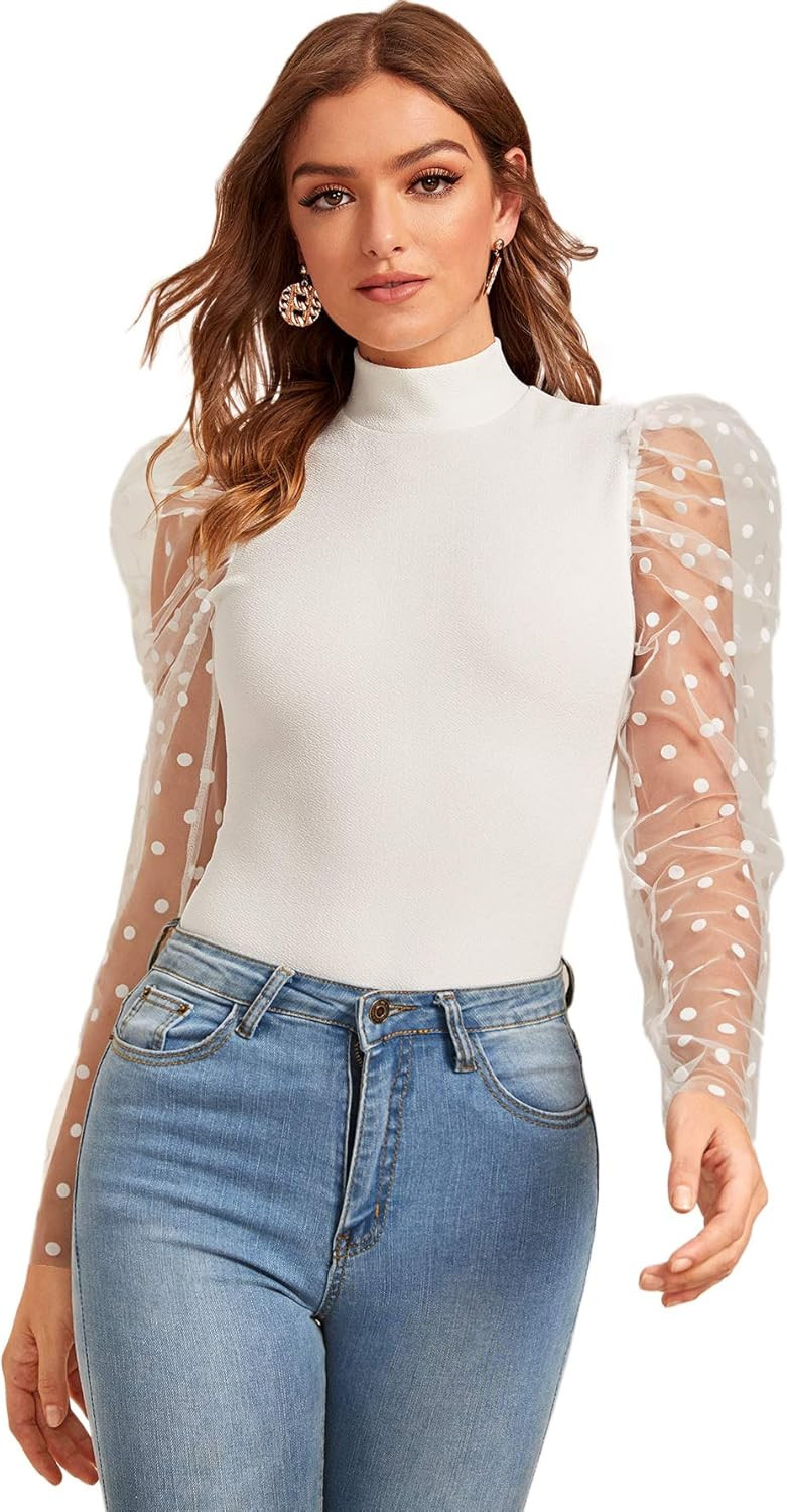 Floerns Women's Mock Neck Polka Dots Puff Sleeve Blouse Tops | Amazon (US)