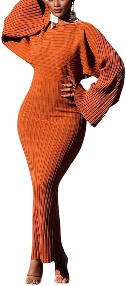 chouyatou Women's Sexy Bell Long Sleeve Sweater Dress Bodycon Ribbed Knit Maxi Pullover Sweater D... | Amazon (US)