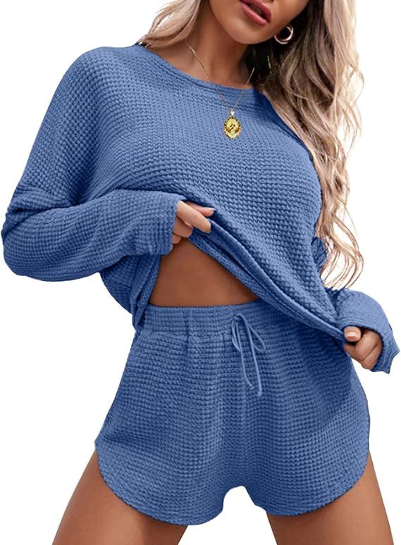 Ekouaer Womens Waffle Knit Pajama Sets Long Sleeve Top and Shorts Matching Lounge Set Loungewear ... | Amazon (US)