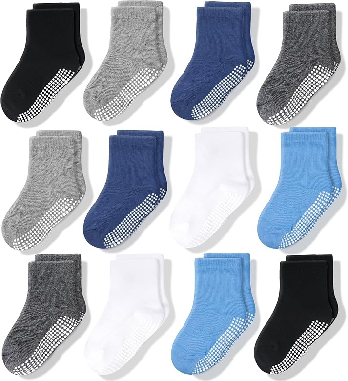 CozyWay Baby Anti Slip Crew Socks 12 Pairs with Grips for Toddlers Little Boys Girls Infants Kids Non Skid | Amazon (US)
