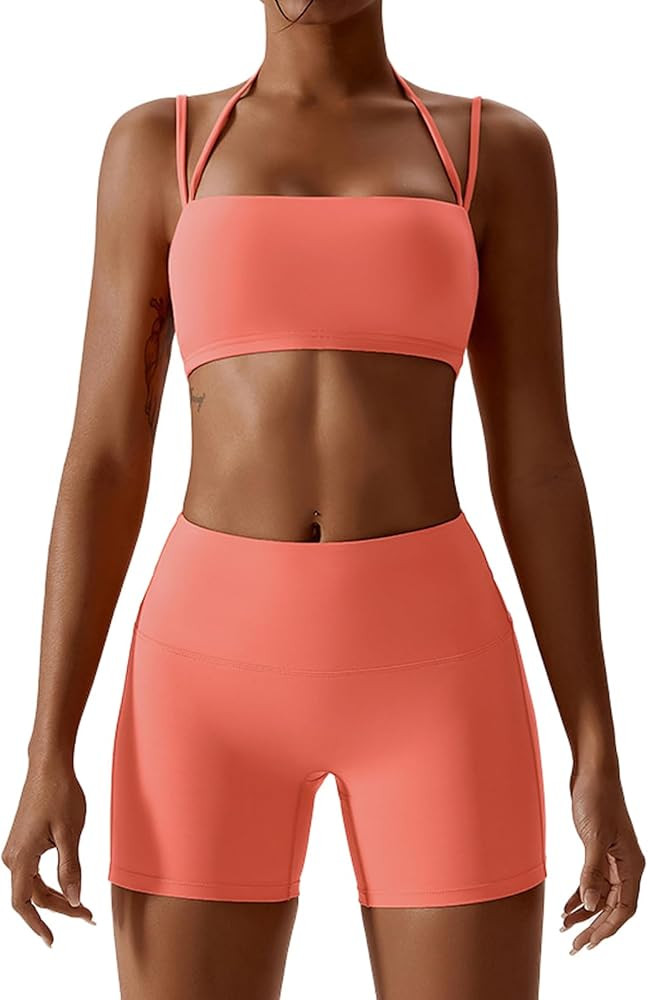 IMEKIS Women's Workout Sets 2 Piece Yoga Outfit High Waisted Biker Shorts Leggings Sports Bra Gym... | Amazon (US)