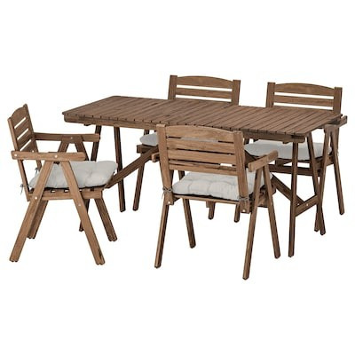 FALHOLMEN Table and 4 armchairs, outdoor - gray-brown light brown stained, Kuddarna Kuddarna gray... | IKEA (DE)