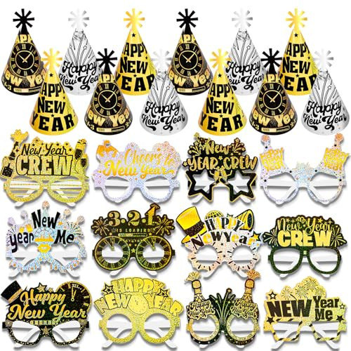 HOWAF New Years Eve Party Supplies 2025, 24pcs Glitter NYE Party Favors 2025 Decorations New Years Eve Hats Happy New Year Glasses 2025 New Years Eve Photo Props Black Gold Silver | Amazon (US)