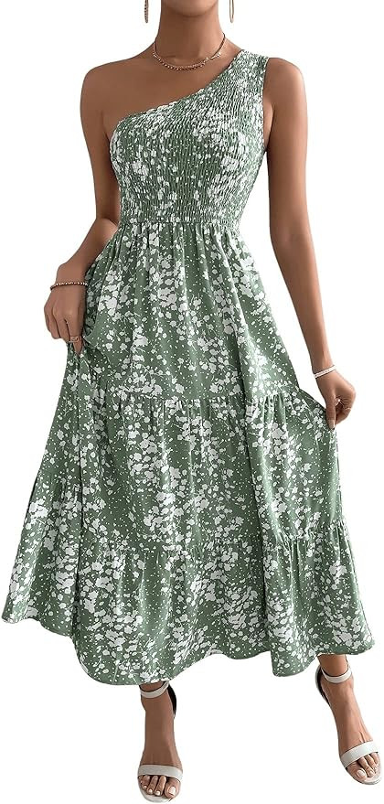 SweatyRocks Women's Boho Sleeveless One Shoulder Dress Shirred Ruffle Hem A Line Maxi Dresses | Amazon (US)