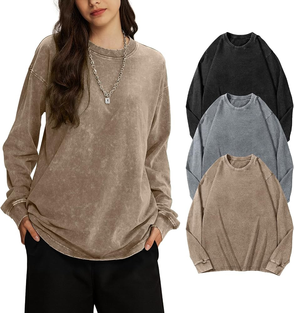 3 Pcs Womens Oversized Tshirts Cotton Long Sleeve Vintage Acid Wash Crewneck Sweatshirts Baggy Un... | Amazon (US)