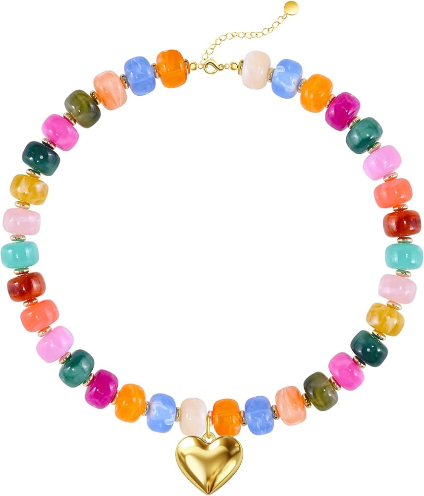 Chunky Beaded Necklace for Women,Colorful Statement Heart Choker Necklace,Boho Trendy Summer Beac... | Amazon (US)