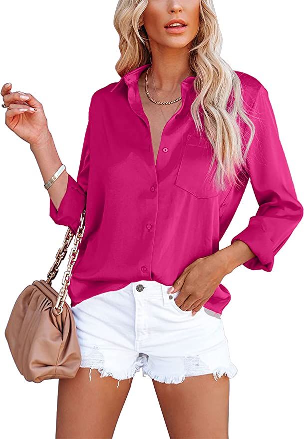 OMSJ Women's Button Down Shirts Satin V Neck Long Sleeve Casual Work Blouse Tops with Pocket | Amazon (US)