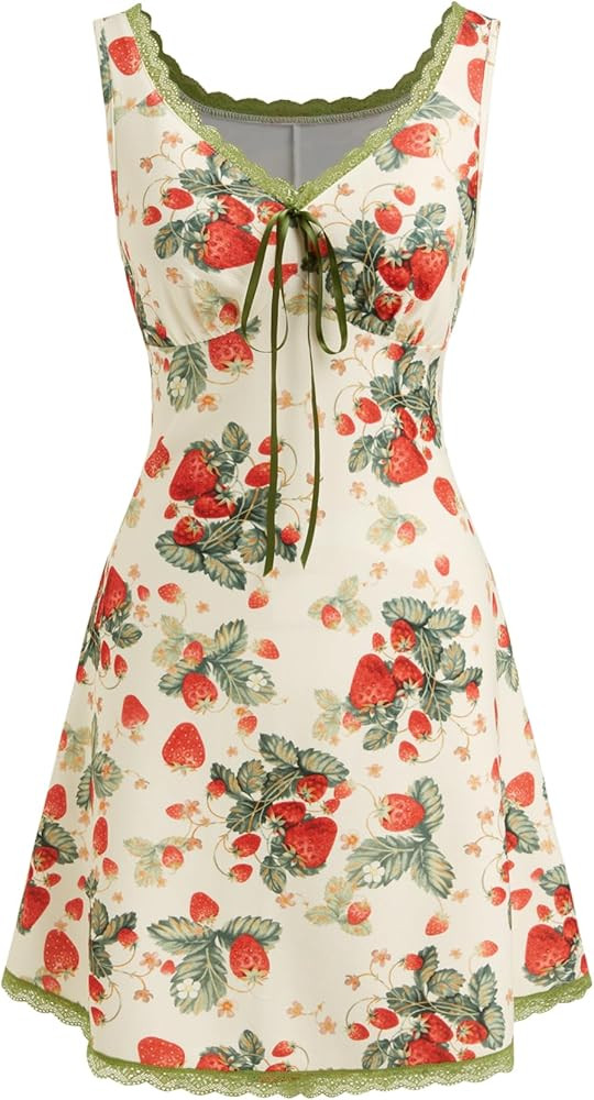 CIDER Women's Floral Mini Dress Fruit Sleeveless V Neck Lace Trim Sun Dress A Line Cute Summer Dr... | Amazon (US)