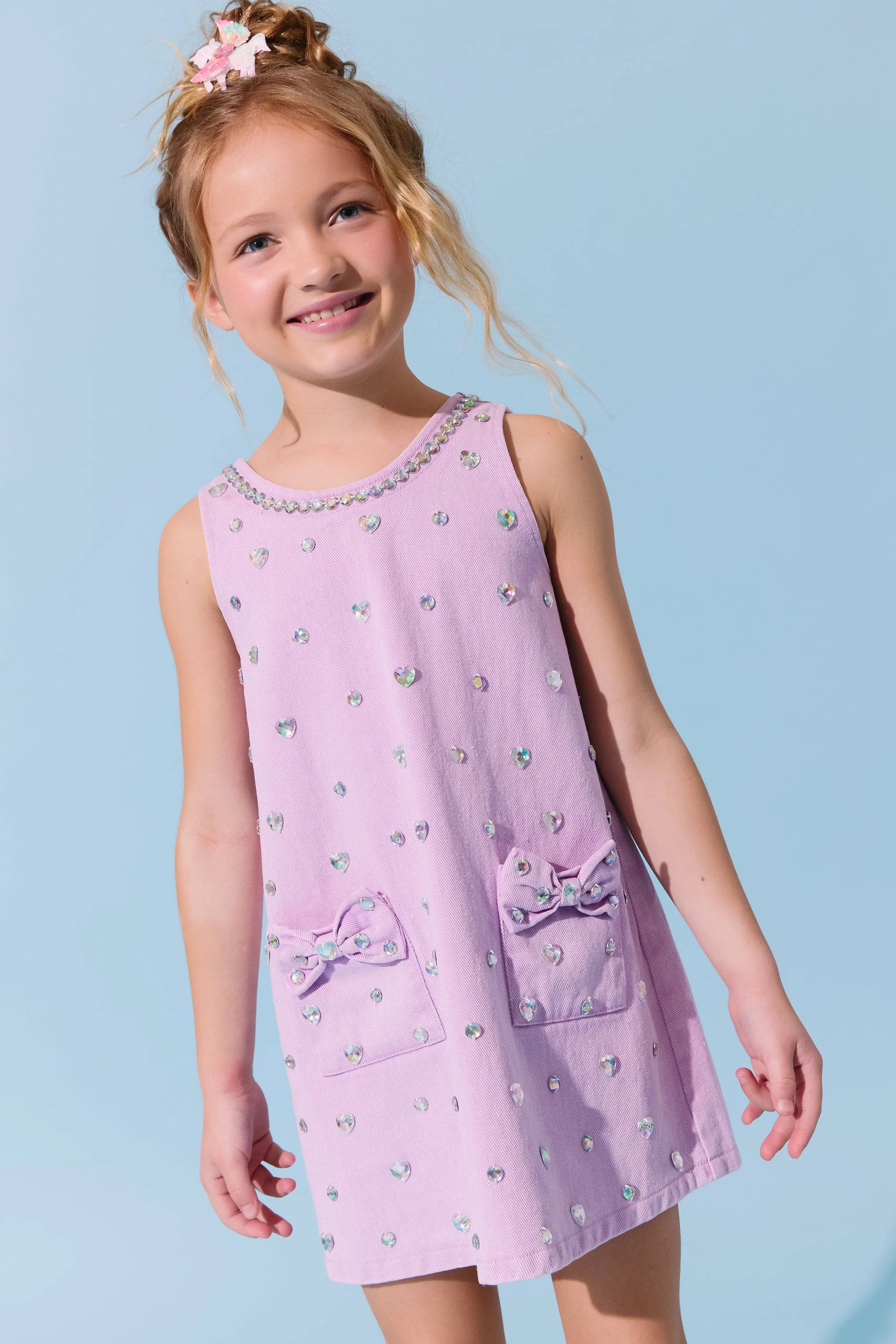 Lavender Crystal Heart Denim Bow Dress | Lola + The Boys