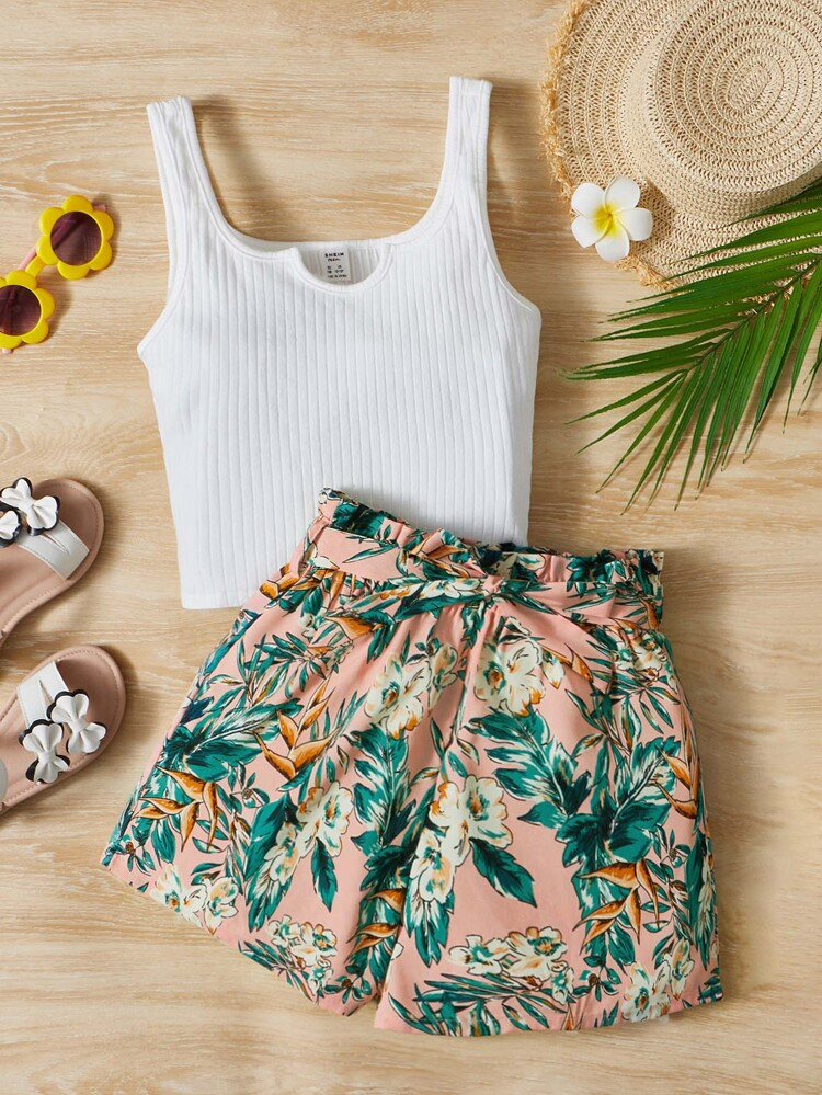 SHEIN Teen Girls Rib Knit Tank Top & Tropical Print Shorts Set | SHEIN