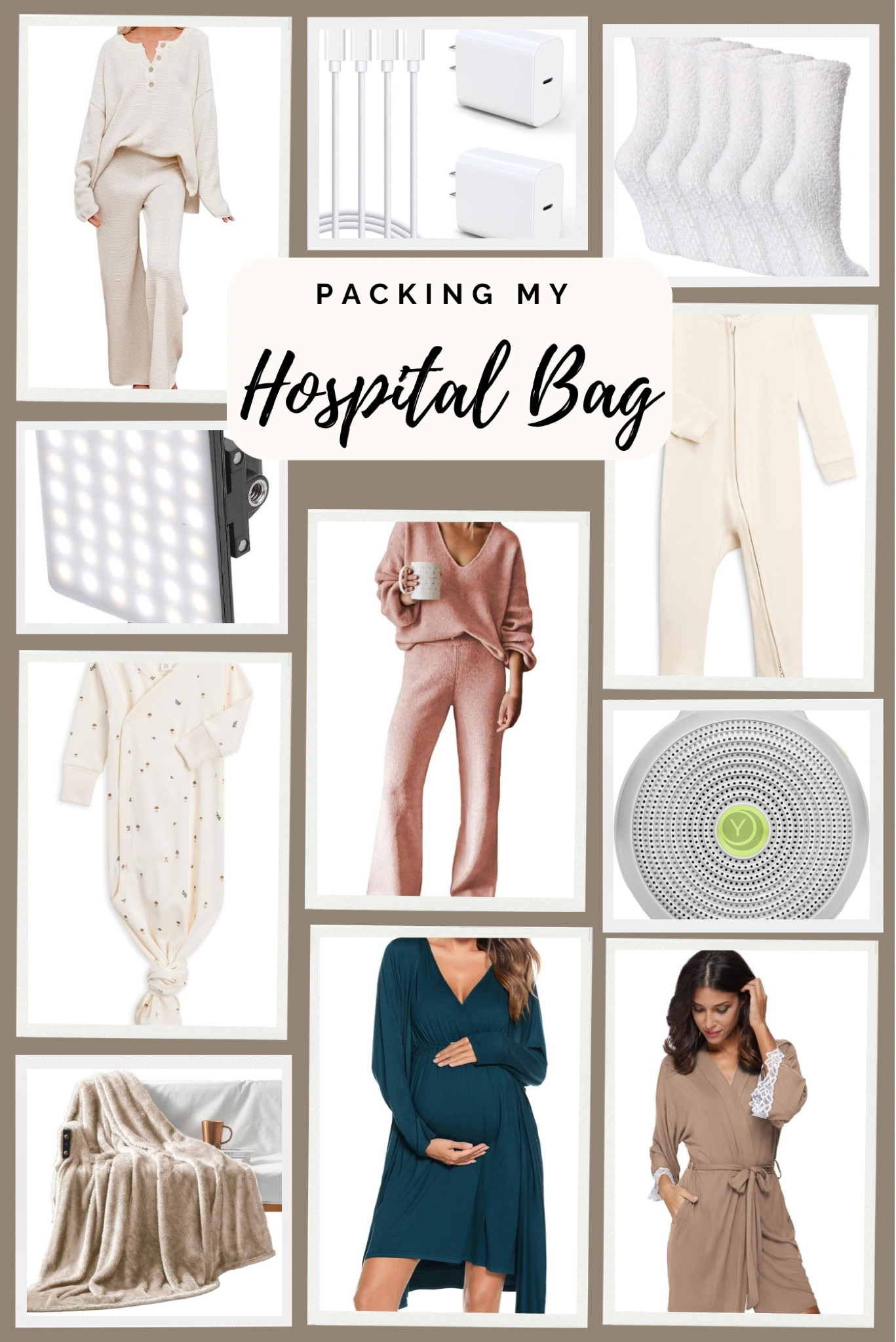 Twins are due any day! Packing my hospital bag for the hospital. Clothes for mom, clothes for newborn baby, sound machine, good lighting, phone chargers, grippy socks, cozy blanket, check, check, check! Postpartum hospital care, pregnancy must haves. #LTKCyberWeek

#LTKbaby #LTKbump #LTKitbag
