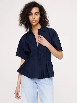 Pleated Cotton Poplin Top | Banana Republic (CA)