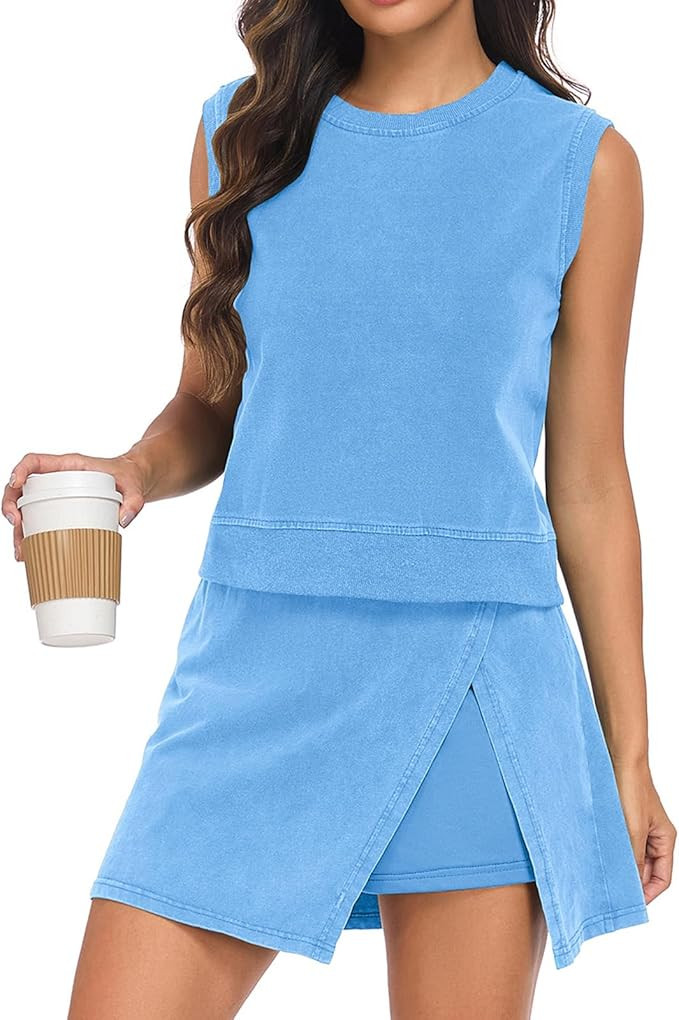 Women's Summer Two Pieces Lounge Set Wash Cotton Sleeveless Tank Top Skort Set Trendy Split Athle... | Amazon (US)