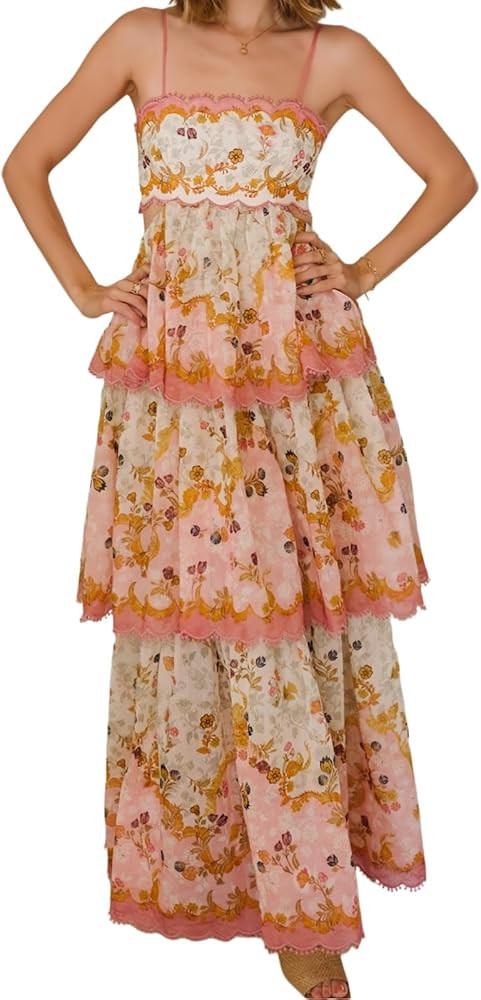 Women's Backless Suspender Waist Cake Dress Floral Tiered Maxi Boho Sundress Ruffle Tiered Dress ... | Amazon (US)