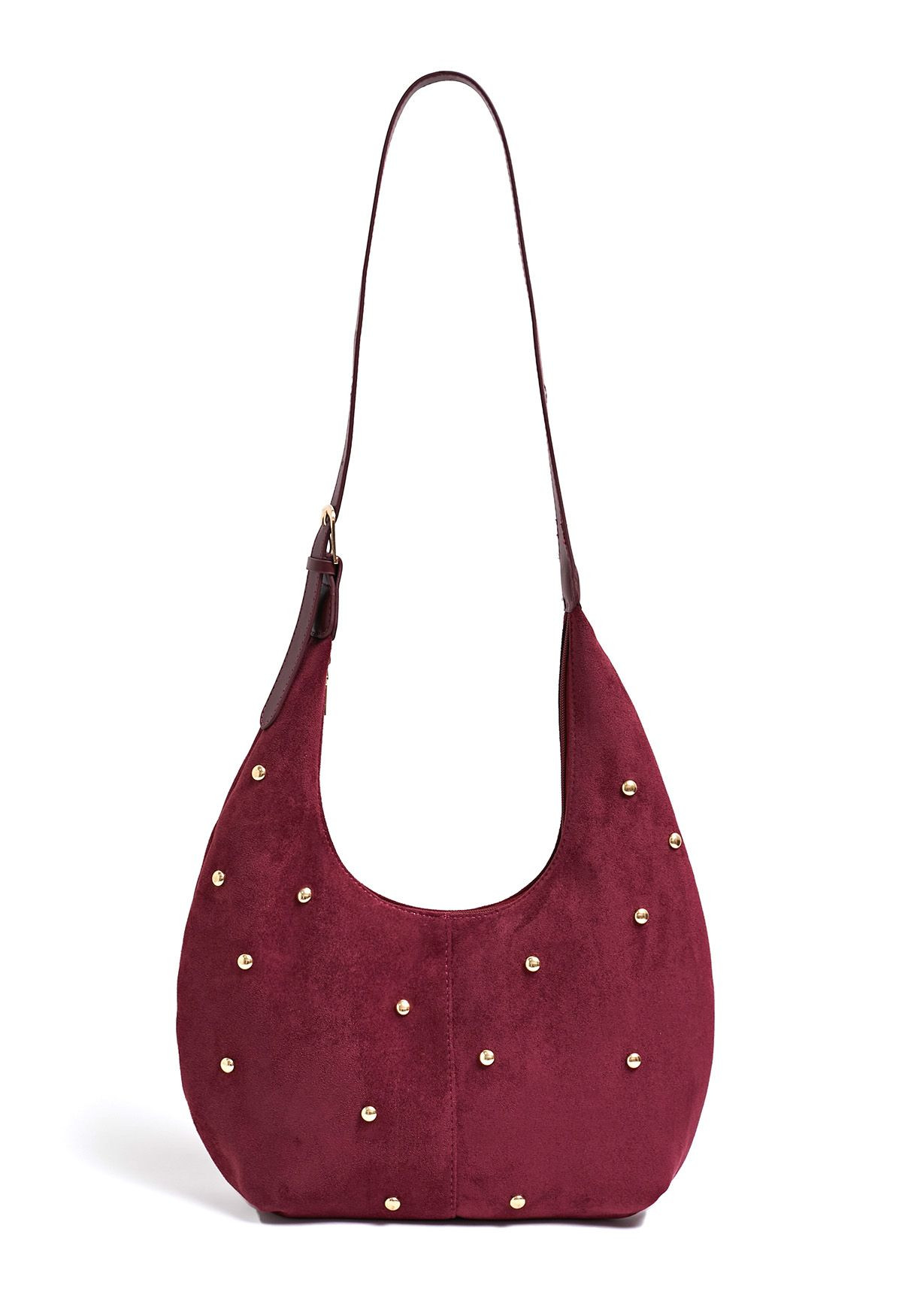 Stud-Embellished Faux Suede Hobo Bag in Burgundy | Chicwish