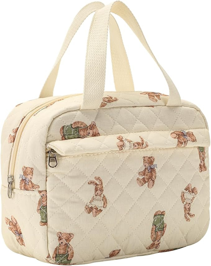 Large Size Quilted Coquette Makeup Bag, Cute Preppy Floral Cotton Travel Cosmetic Organizer Bag w... | Amazon (US)