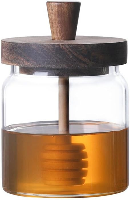 Honey Pot, Airtight Glass Honey Jar with Dipper Stick and Wooden Lid | Amazon (US)