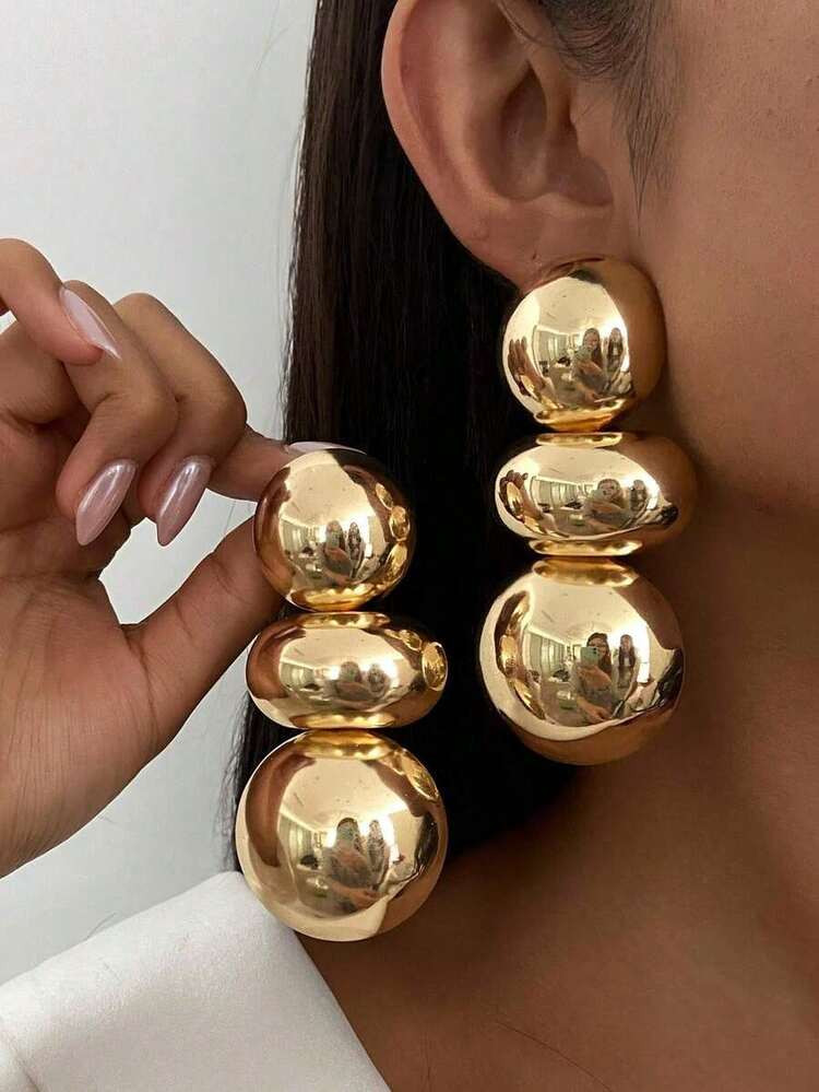 1 Pair Retro Luxury Metal Asymmetric Geometric Teardrop & Round Stud Earrings, Women's Minimalist Fashionable Metal Gold Earrings, Surface Clear, Solid Jewelry (Some Earrings May Have Minor Scratches Or Water Marks On The Surface, Which Is Normal) | SHEIN