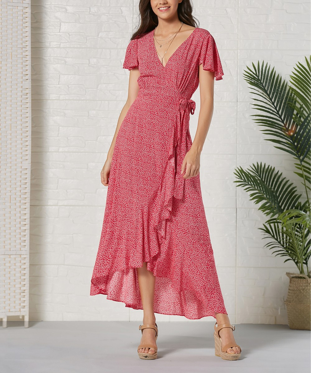 myodress Women's Maxi Dresses Red - Red Floral Ruffle-Detail Wrap Midi Dress | Zulily