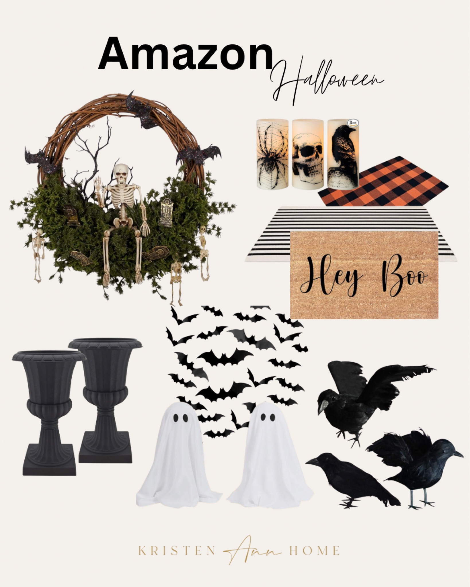 The cutest Amazon Halloween decor! I love the front door layered mats with the black urns on each side of a door. Go around and collect sticks and spray paint them black and stick them into foam at the bottom. Makes for a cute front door! This Halloween wreath will be on my front door this year! It is so cute! 

#LTKSeasonal #LTKHome