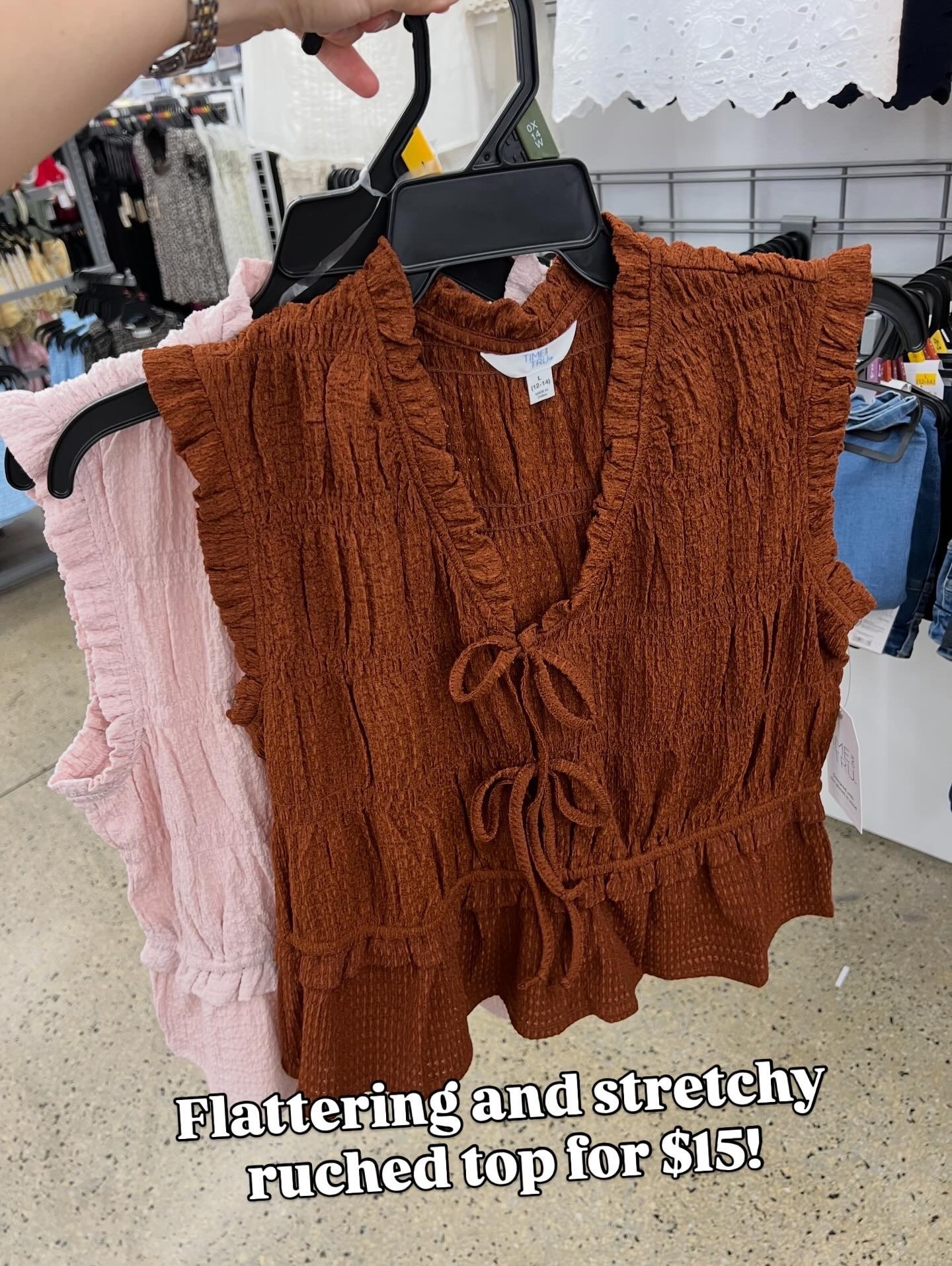 Walmart $14:98 sleeveless top with ruching and tie details, regular bra friendly. Several colors. I had this top last summer and reached for it often because it’s unique comfy and Anthro cute! Fits true to size although I got one in a large and it’s a nice relaxed fit. #walmartfashion 