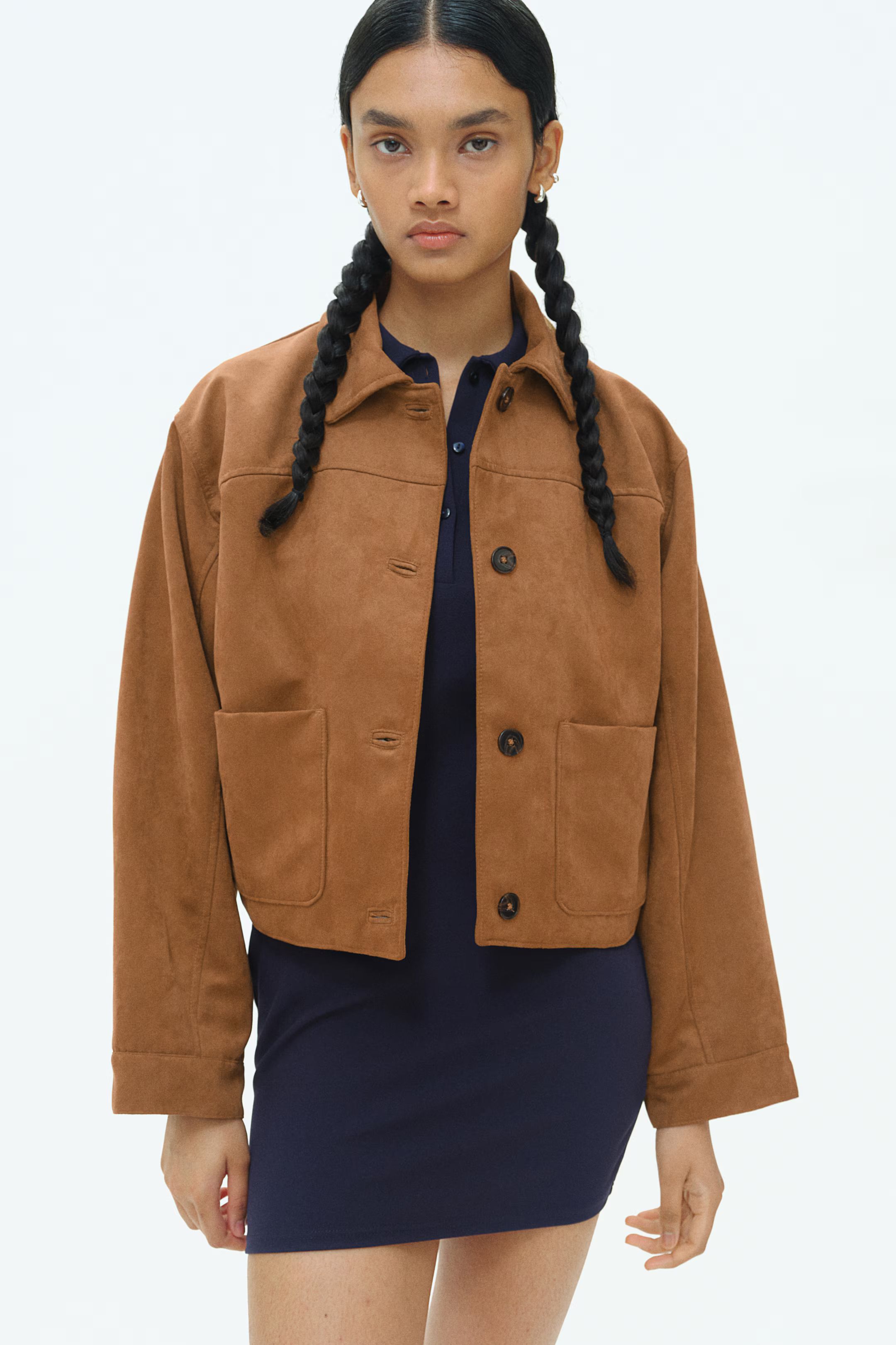 Collared jacket - Long sleeve - Short - Brown - Ladies | H&M GB | H&M (UK, MY, IN, SG, PH, TW, HK)