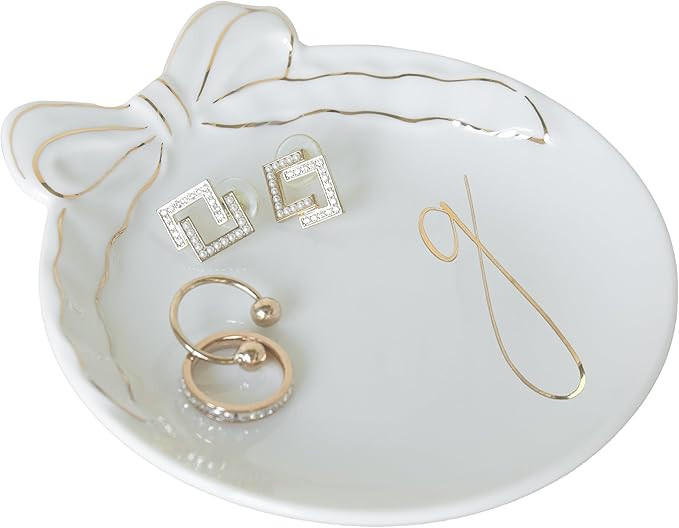 COLLECTIVE HOME - Personalized Initial Ceramic Jewelry Tray with Bow, Christmas Gift Ideas for Wo... | Amazon (US)